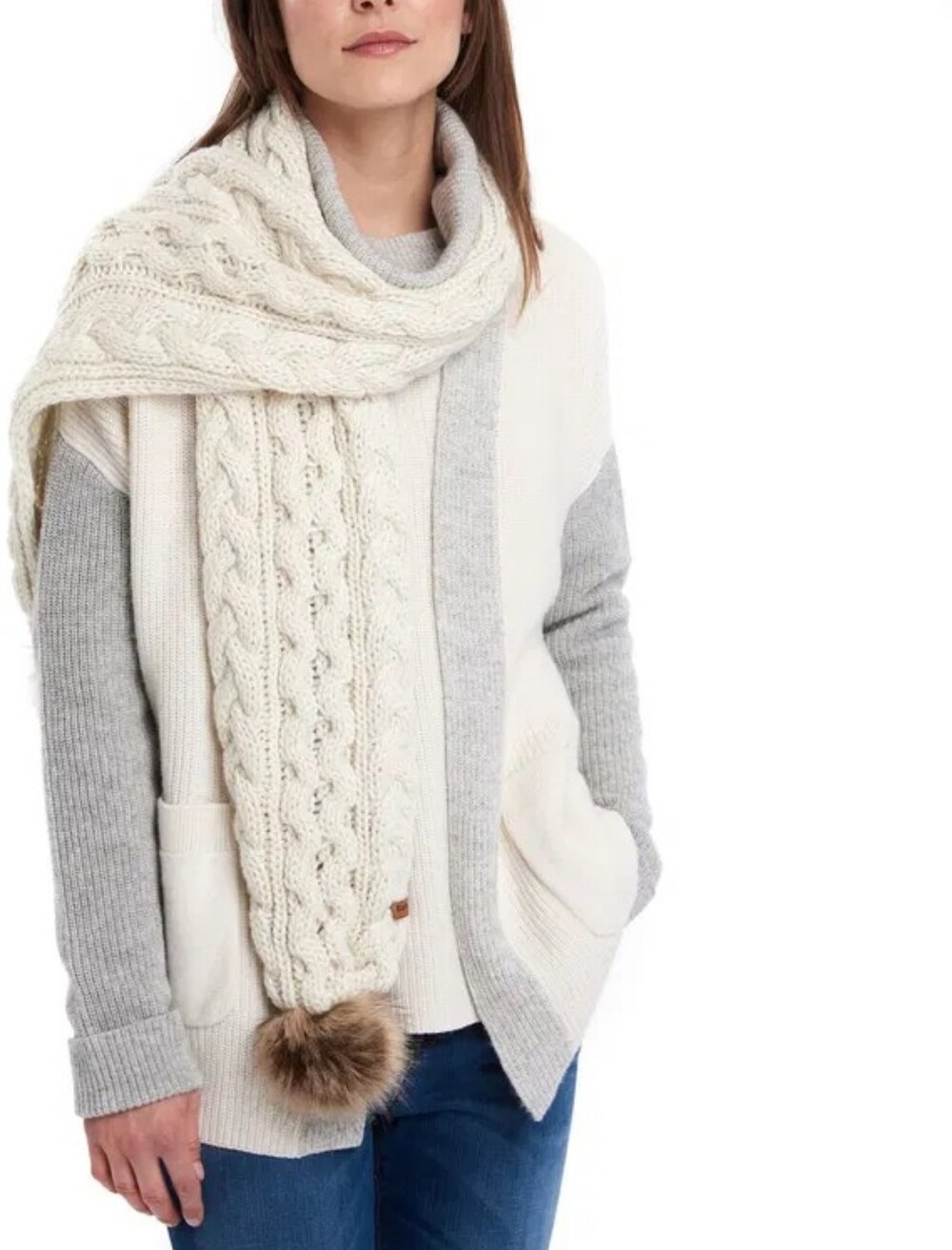 NWT Timberland Cream Cable Knit Scarf Faux Fur Pom Poms One Size